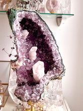 Load image into Gallery viewer, Statement Amethyst cave on stand with sugar covered calcite
