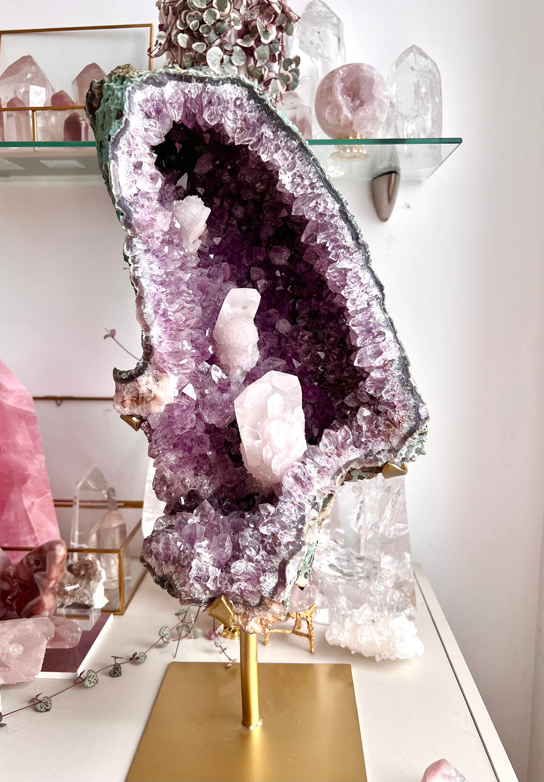 Statement Amethyst cave on stand with sugar covered calcite